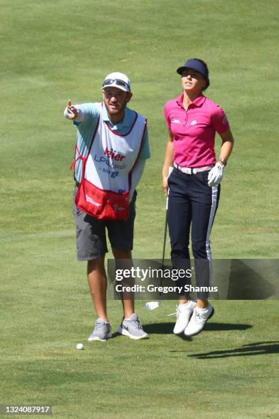 Klara Spilkova of the Czech Republic tries to see the flag on the 16th hole during round one of the Meijer LPGA Classic for Simply Give at...