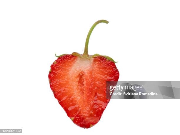 halved strawberry isolated on white background - half complete stock pictures, royalty-free photos & images
