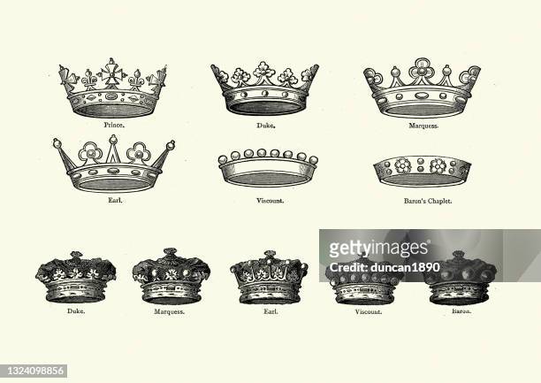 different types of crown, prince, duke, marquess, earl, viscount, baron's chaplet - woodcut stock illustrations