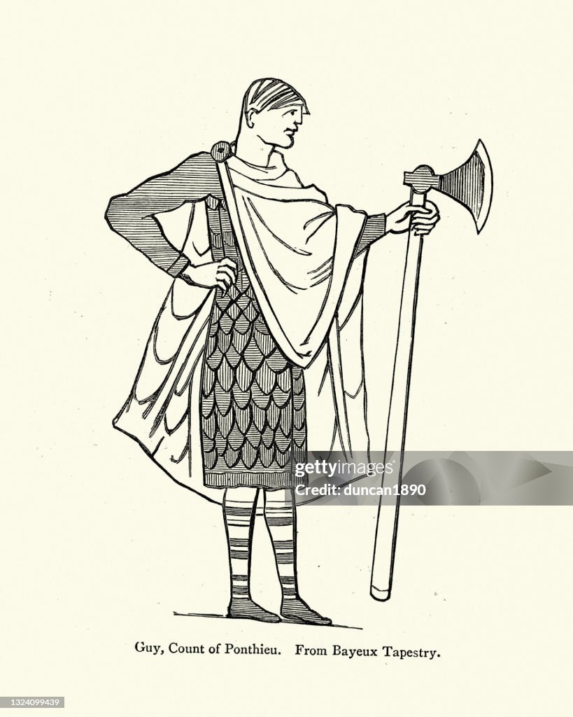 Guy I, Count of Ponthieu, wearing scale armour, holding battleaxe, 11th Century