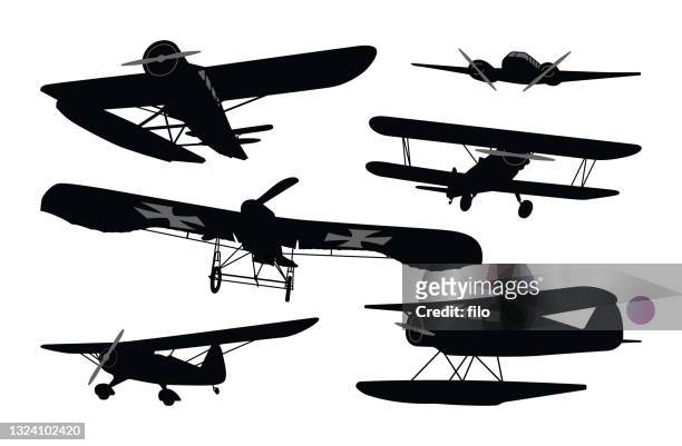 stockillustraties, clipart, cartoons en iconen met historical aircraft and antique flying planes - propeller plane