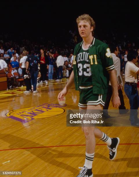 Boston Celtics Larry Bird after 1985 NBA Finals between Los Angeles Lakers and Boston Celtics, June 2, 1985 in Inglewood, California.