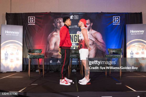 Jaime Munguia and Kamil Szeremeta face off during a news conference for their fight at Hotel Paso del Norte June 17, 2021 in El Paso, Texas. Munguia...