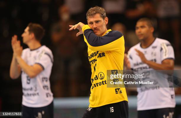 Goalkeeper Fritz Henning of SG Flensburg-Handewitt reacts after losing the Liqui Moly Handball Bundesliga match between SG Flensburg-Handewitt and...