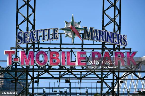 General view of the Seattle Mariners T-Mobile Park sign before the game between the Seattle Mariners and the Tampa Bay Rays at T-Mobile Park on June...