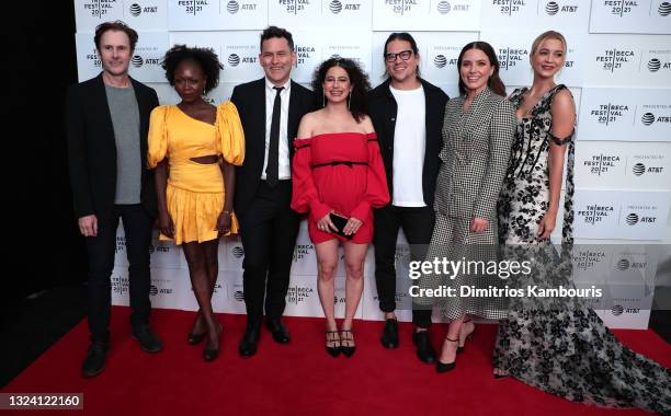 Josh Hamilton, Zainab Jah, John Lee, Ilana Glazer, Jonathan Wang, Sophia Bush and Sabina Gadecki attend the “False Positive" premiere during the 2021...