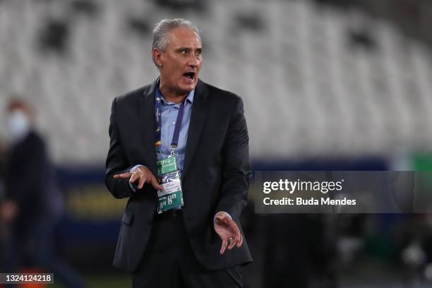 Tite head coach of Brazil reacts during a match between Brazil and Peru as part of Group B of Copa America Brazil 2021 at Estadio Olímpico Nilton...