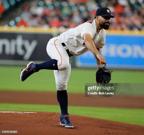 Jose Urquidy of the Houston Astros pitches in the first inning against the Chicago White Sox at Minute Maid Park on June 17, 2021 in Houston, Texas.