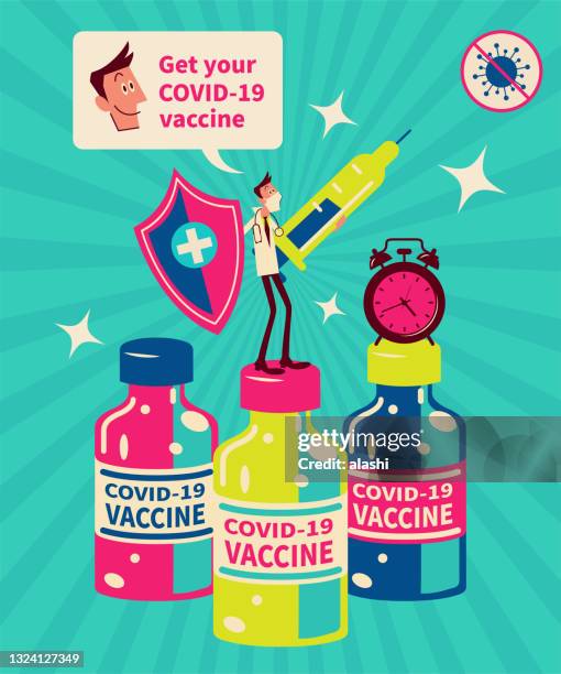 illustrazioni stock, clip art, cartoni animati e icone di tendenza di è ora di accelerare la vaccinazione, un medico che indossa una maschera facciale sta su diversi vaccini covid-19 e tiene una grande siringa per combattere il coronavirus - virologo