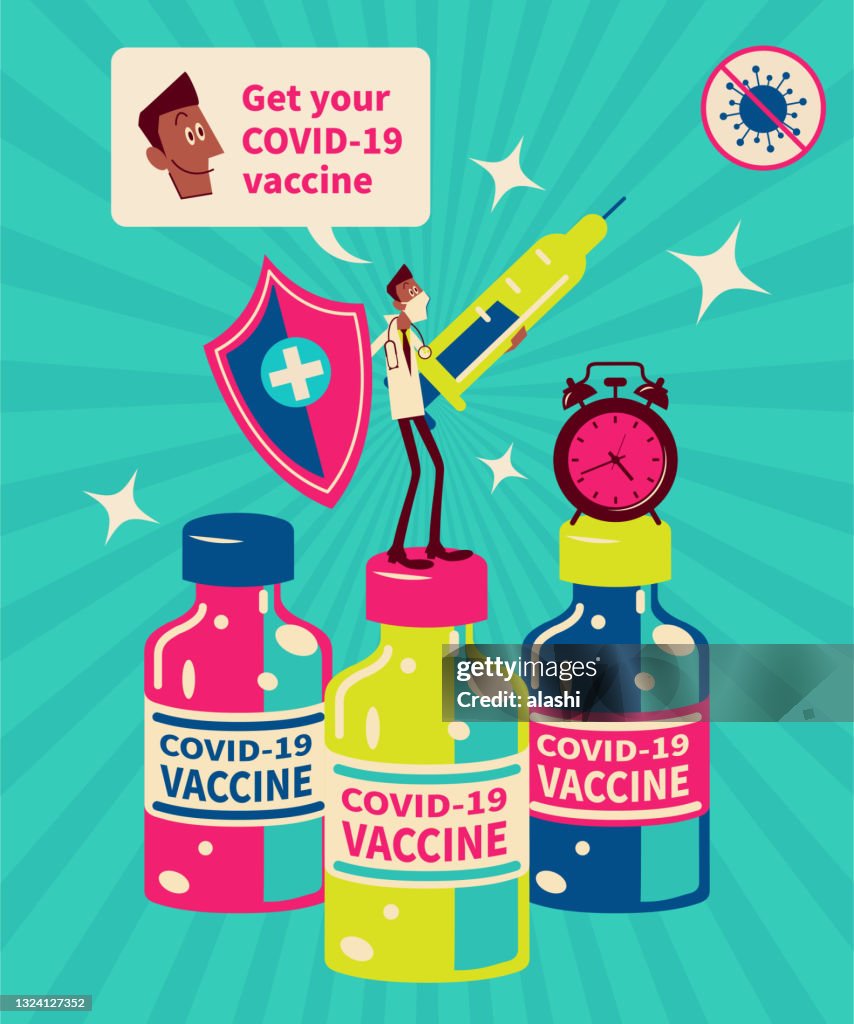 È ora di accelerare la vaccinazione, un medico che indossa una maschera facciale sta su diversi vaccini COVID-19 e tiene una grande siringa per combattere il Coronavirus