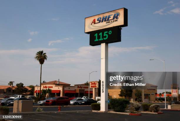 Digital sign displays a temperature of 115 degrees Fahrenheit as a heat wave continues to bake the Southwest United States on June 17, 2021 in Las...