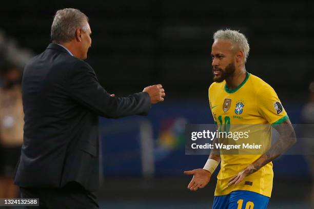 Neymar Jr. Of Brazil celebrates with Tite head coach of Brazil after scoring the second goal of his team during a match between Brazil and Peru as...