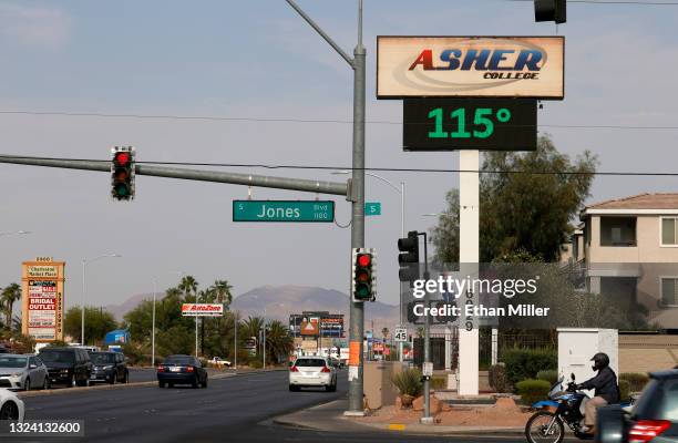 Digital sign displays a temperature of 115 degrees Fahrenheit as a heat wave continues to bake the Southwest United States on June 17, 2021 in Las...