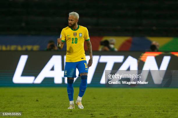 Neymar Jr. Of Brazil celebrates after scoring the second goal of his team during a match between Brazil and Peru as part of Group B of Copa America...