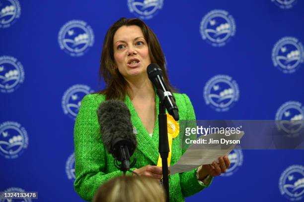 Liberal Democrats candidate Sarah Green makes a speech after winning the Chesham and Amersham By-Election at Chesham Leisure Centre on June 17, 2021...