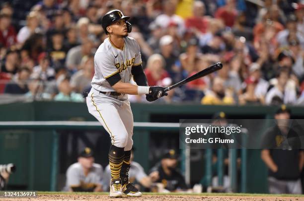 Erik Gonzalez of the Pittsburgh Pirates bats against the Washington Nationals at Nationals Park on June 14, 2021 in Washington, DC.