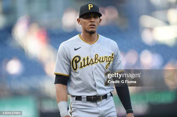 Erik Gonzalez of the Pittsburgh Pirates warms up before the game against the Washington Nationals at Nationals Park on June 14, 2021 in Washington,...