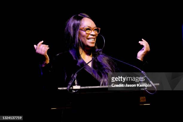 Jody Watley speaks onstage for The National Museum Of African American Music Celebration of Legends Benefit Concert at Ryman Auditorium on June 17,...