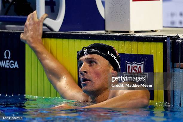 Ryan Lochte of the United States reacts after competing in a semifinal heat for the Men's 200m individual medley during Day Five of the 2021 U.S....