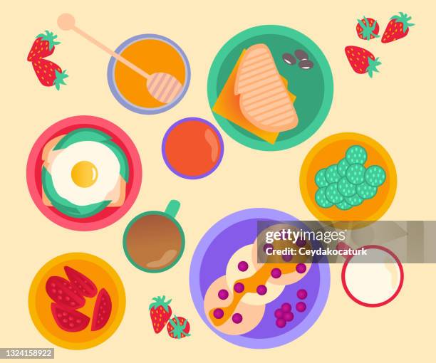 breakfast items set on the table - grilled squash stock illustrations
