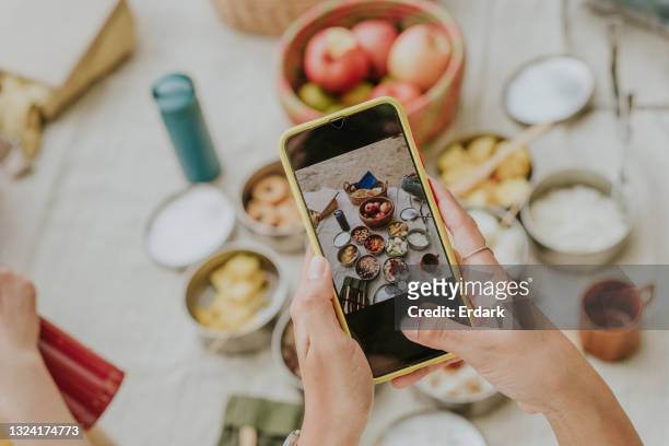 eco friendly family take a photo on homemade  food in lunch box for picnic on holiday - stock photo - beach picnic stock pictures, royalty-free photos & images