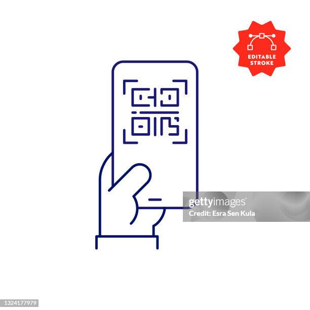 illustrazioni stock, clip art, cartoni animati e icone di tendenza di icona della linea dello schermo del vaccino digitale sul telefono cellulare con ictus modificabile - lettore di codice a barre