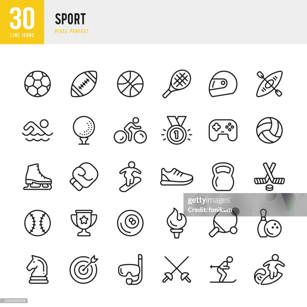 SPORT - jeu d’icônes vectorielles de ligne mince. Pixel parfait. L’ensemble contient des icônes: Football, Boxe, Basket-ball, Golf, Natation, Football américain, Tennis, Hockey sur glace.