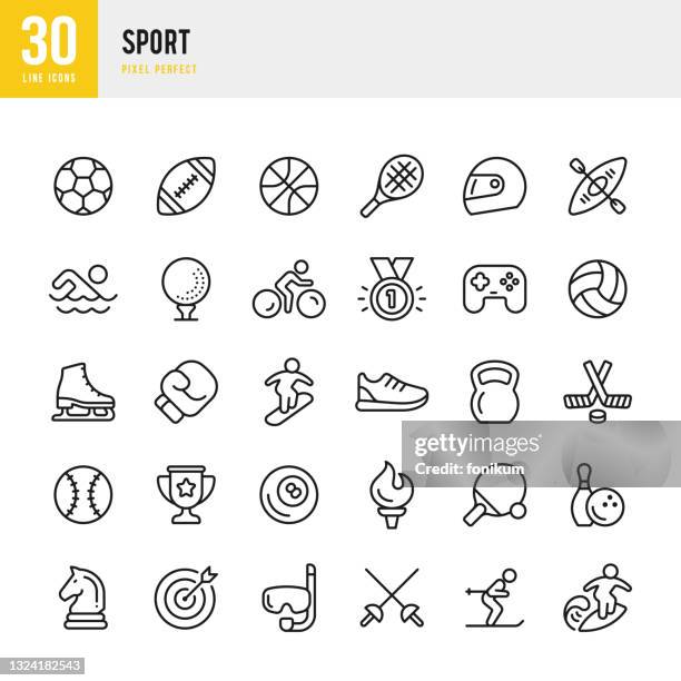 illustrazioni stock, clip art, cartoni animati e icone di tendenza di sport - set di icone vettoriali a linea sottile. pixel perfetto. il set contiene icone: calcio, boxe, basket, golf, nuoto, football americano, tennis, hockey su ghiaccio. - sportivo