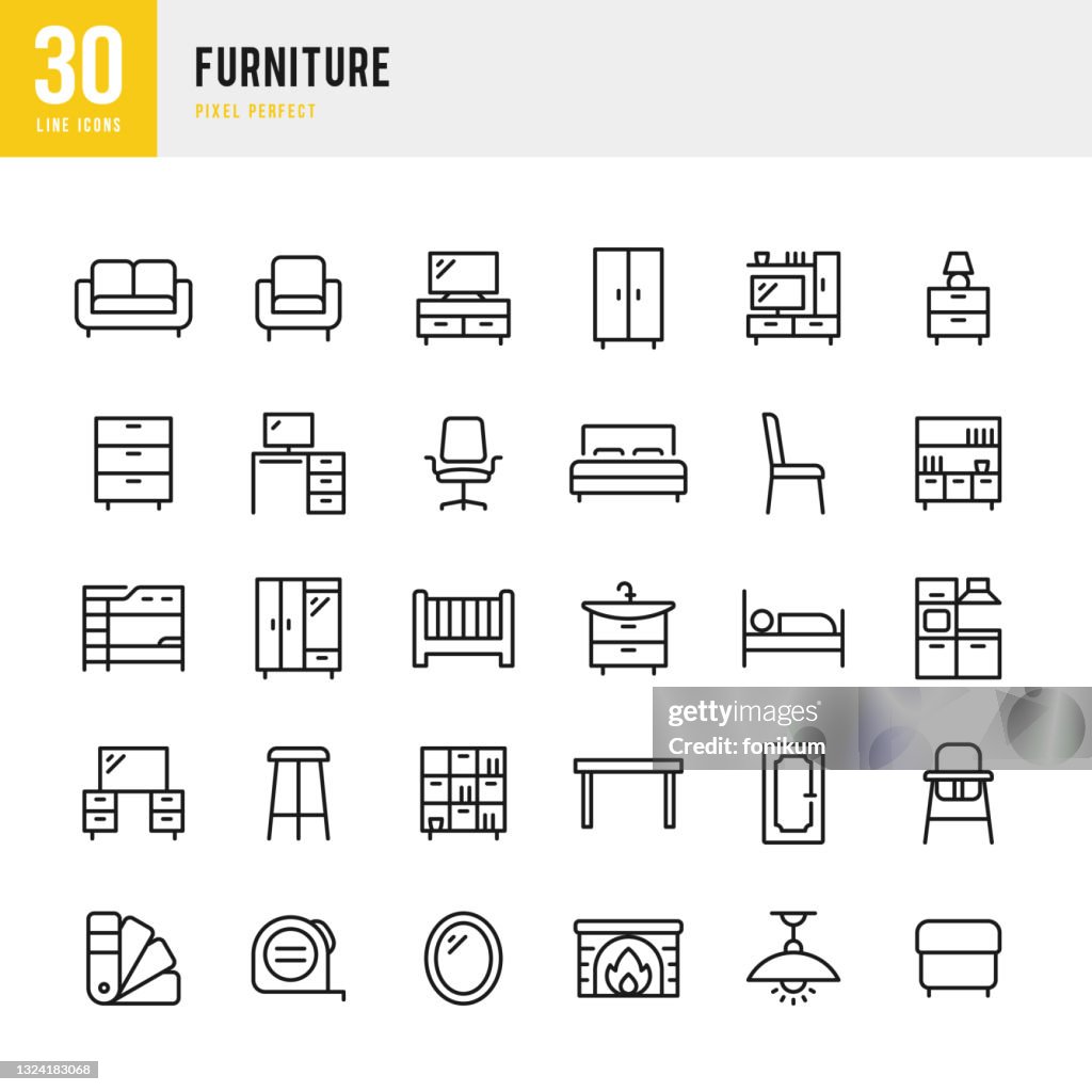 FURNITURE - conjunto de iconos vectoriales de línea delgada. Píxel perfecto. El conjunto contiene iconos: Muebles, Mesa de comedor, Sillón, Cama, Sofá, Espejo, Escritorio, Silla de oficina, Cuna.