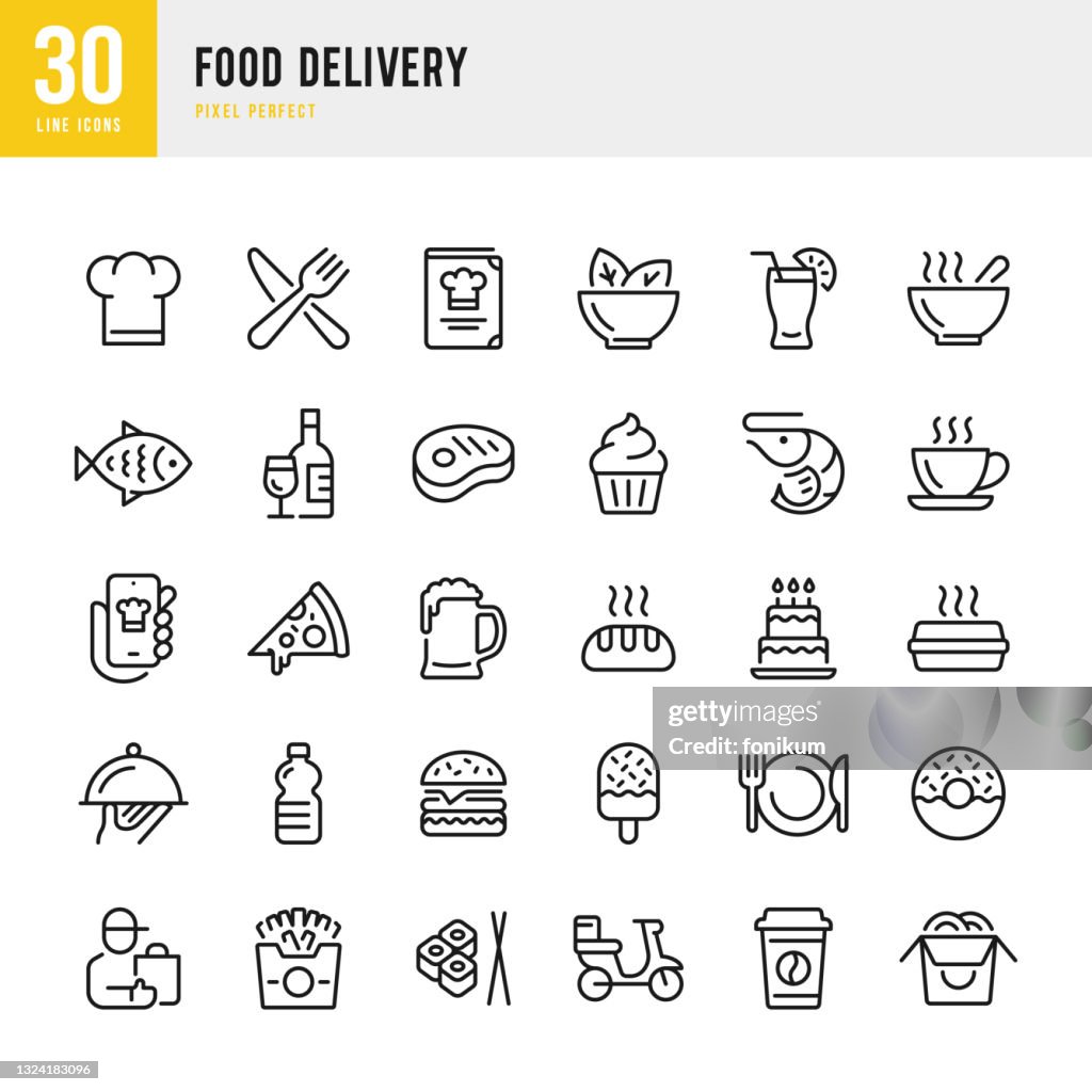 Food Delivery - dünne Linie Vektor-Symbol gesetzt. Pixel perfekt. Das Set enthält Symbole: Food Delivery, Pizza, Burger, Brot, Meeresfrüchte, Vegetarische Küche, Asiatische Küche, Steak, Dessert.