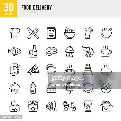Food Delivery - dünne Linie Vektor-Symbol gesetzt. Pixel perfekt. Das Set enthält Symbole: Food Delivery, Pizza, Burger, Brot, Meeresfrüchte, Vegetarische Küche, Asiatische Küche, Steak, Dessert. Food Delivery - dünne Linie Vektor-Symbol gesetzt. Pixel perfekt. Das Set enthält Symbole: Food Delivery, Pizza, Burger, Brot, Meeresfrüchte, Vegetarische Küche, Asiatische Küche, Steak, Dessert.
