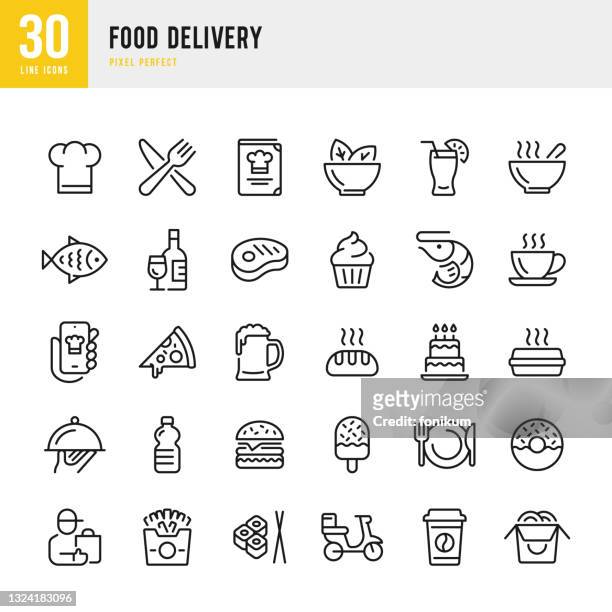 food delivery - dünne linie vektor-symbol gesetzt. pixel perfekt. das set enthält symbole: food delivery, pizza, burger, brot, meeresfrüchte, vegetarische küche, asiatische küche, steak, dessert. - speisen und getränke stock-grafiken, -clipart, -cartoons und -symbole