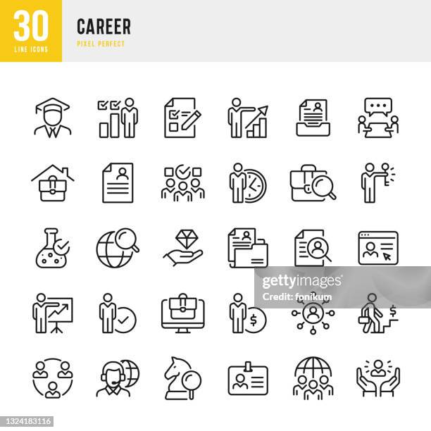 ilustraciones, imágenes clip art, dibujos animados e iconos de stock de career - conjunto de iconos vectoriales de línea delgada. píxel perfecto. el conjunto contiene iconos: carrera, crecimiento personal, habilidad, trabajo en equipo, cuestionario, entrevista de trabajo. - job interview