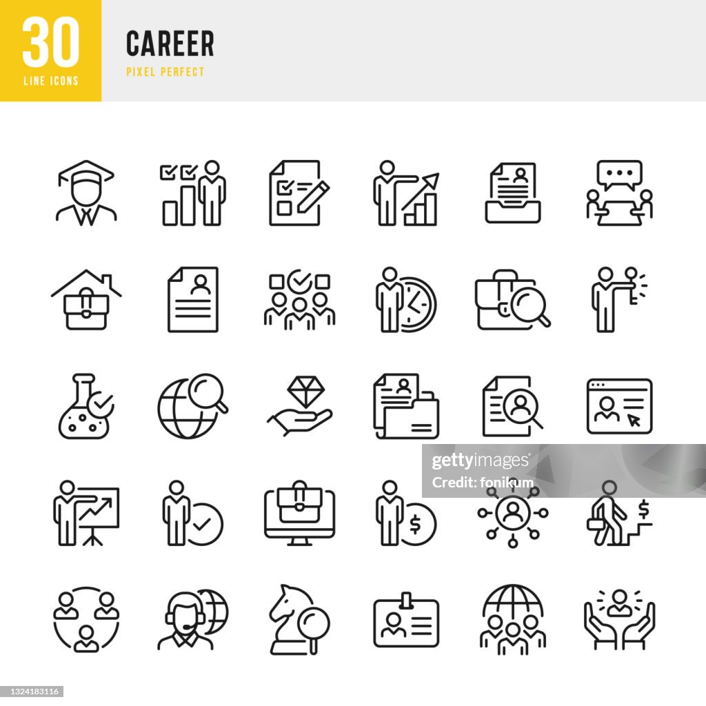 CAREER - thin line vector icon set. Pixel perfect. The set contains icons: Career, Personal Growth, Skill, Teamwork, Questionnaire, Job Interview.