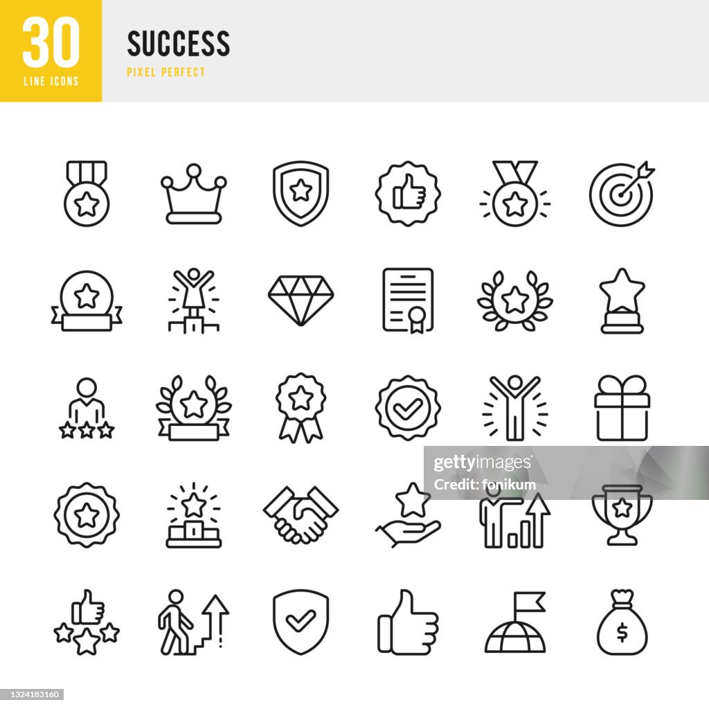 SUCCESS - jeu d’icônes vectorielles de ligne mince. Pixel parfait. L’ensemble contient des icônes: Prix, Trophée, Médaille, Couronne, Podium des gagnants, Félicitations, Certificat, Couronne de laurier.