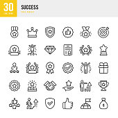 SUCCESS - thin line vector icon set. Pixel perfect. The set contains icons: Award, Trophy, Medal, Crown, Winners Podium, Congratulating, Certificate, Laurel Wreath.
