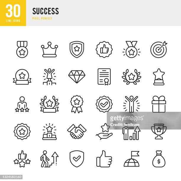 success - thin line vector icon set. pixel perfect. the set contains icons: award, trophy, medal, crown, winners podium, congratulating, certificate, laurel wreath. - trophy award stock illustrations