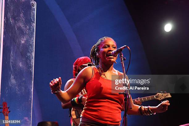 Vocalist Keysha McTaggert and Steel Pulse perform as part of Celebrate Brooklyn at the Prospect Park Bandshell on July 1, 2011 in the Brooklyn...