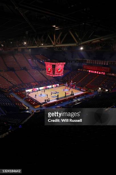 General view as players warm up before game one of the NBL Grand Final Series between the Perth Wildcats and Melbourne United at RAC Arena, on June...