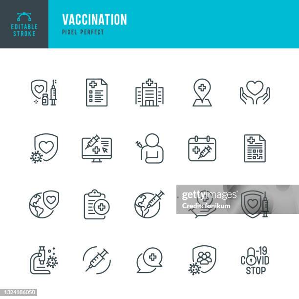 stockillustraties, clipart, cartoons en iconen met vaccination - thin line vector icon set. pixel perfect. editable stroke. the set contains icons: stop covid-19, vaccination, collective immunity, medical research, vaccination certificate. - safety