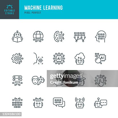 Aprendizaje automático: conjunto de iconos vectoriales de línea fina. Píxel perfecto. Trazo editable. El conjunto contiene iconos: Inteligencia Artificial, Robot, Lenguaje Informático, Big Data, Perfil Digital, Investigación de IA, Red Neuronal. Aprendizaje automático: conjunto de iconos vectoriales de línea fina. Píxel perfecto. Trazo editable. El conjunto contiene iconos: Inteligencia Artificial, Robot, Lenguaje Informático, Big Data, Perfil Digital, Investigación de IA, Red Neuronal.