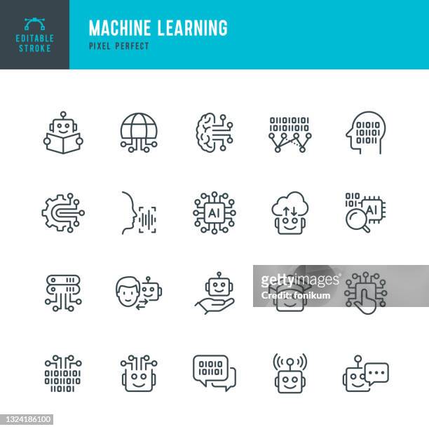 stockillustraties, clipart, cartoons en iconen met machine learning - thin line vector icon set. pixel perfect. editable stroke. the set contains icons: artificial intelligence, robot, computer language, big data, digital profile, ai research, neural network. - big data