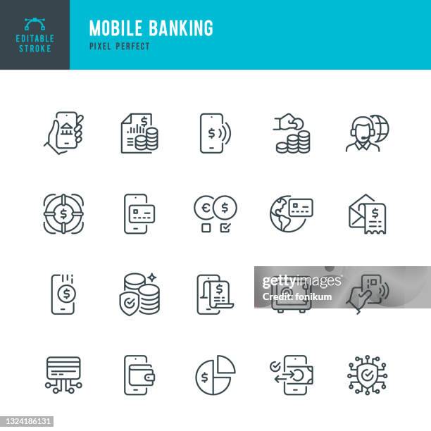 stockillustraties, clipart, cartoons en iconen met mobile banking - thin line vector icon set. pixel perfect. editable stroke. the set contains icons: banking, mobile phone, digital wallet, contactless payment, mobile payment, financial bill, deposit box, support. - currency