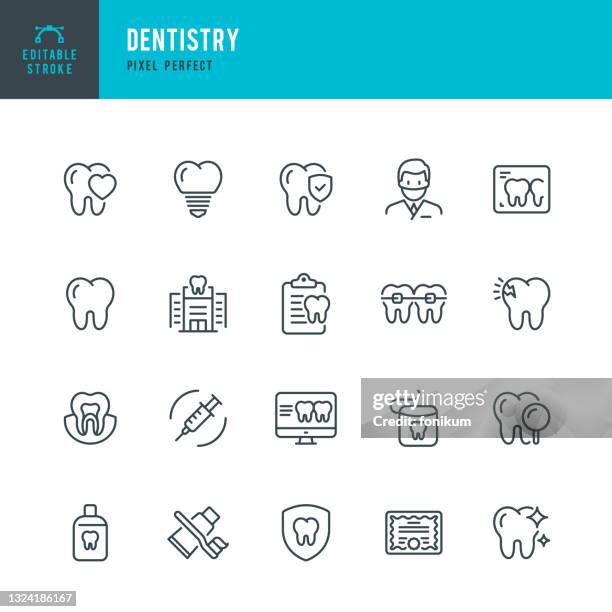 dentistry - dünnlinien-vektor-symbol-set. pixel perfekt. bearbeitbarer strich. das set enthält symbole: zahnarzt, zähne, zahngesundheit, zahnarztpraxis, zahnimplantat, zahnspangen. - dentists office stock-grafiken, -clipart, -cartoons und -symbole