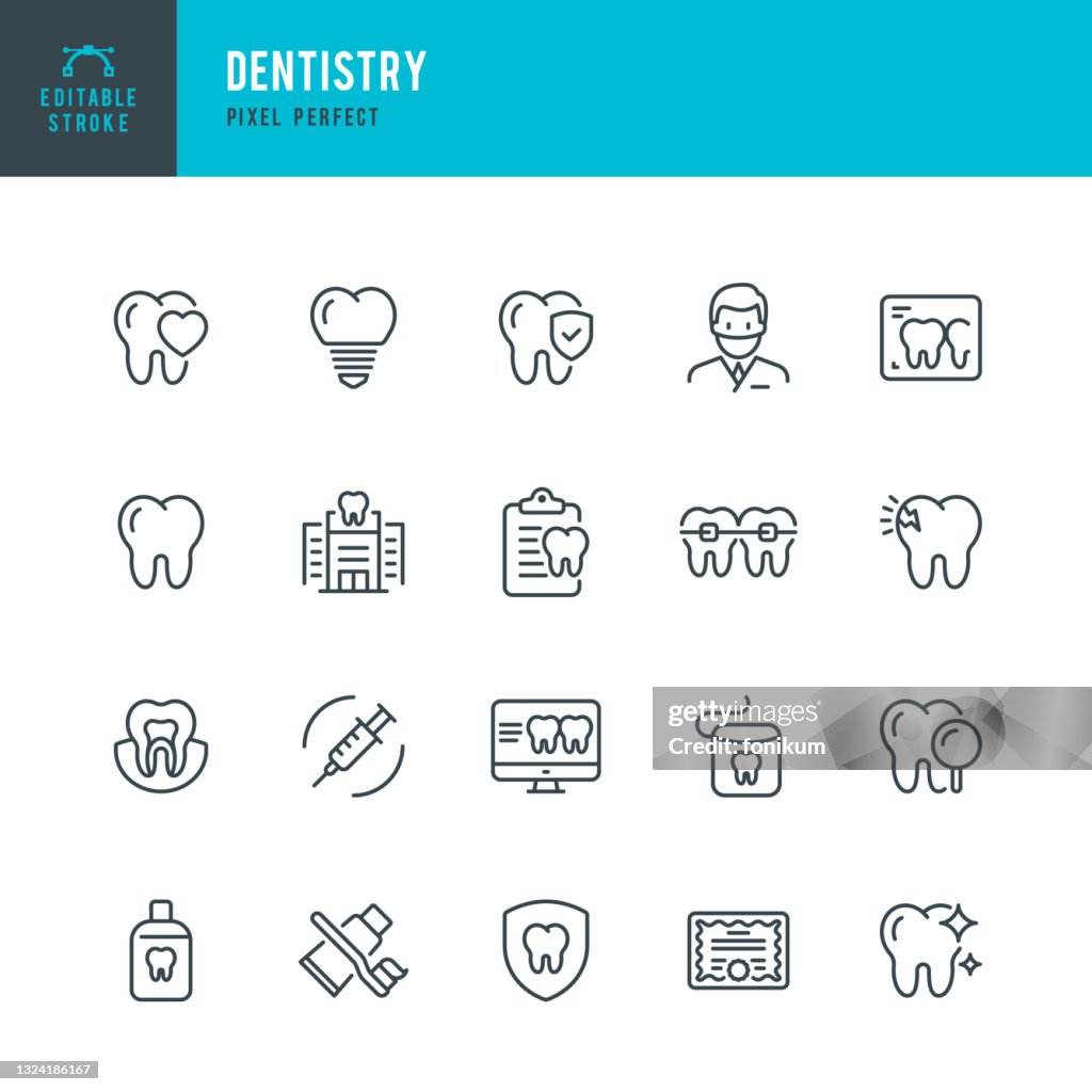 ODONTOLOGÍA - conjunto de iconos vectoriales de línea delgada. Píxel perfecto. Trazo editable. El conjunto contiene iconos: Dentista, Dientes, Salud Dental, Consultorio del dentista, Implante Dental, Aparatos ortopédicos dentales.