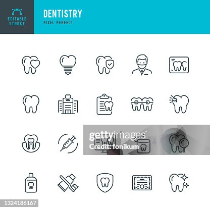 DENTISTRY - thin line vector icon set. Pixel perfect. Editable stroke. The set contains icons: Dentist, Teeth, Dental Health, Dentist's Office, Dental Implant, Dental Braces. DENTISTRY - thin line vector icon set. Pixel perfect. Editable stroke. The set contains icons: Dentist, Teeth, Dental Health, Dentist's Office, Dental Implant, Dental Braces.