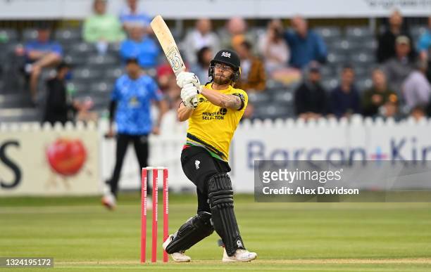 Chris Dent of Gloucestershire hits runs during the Vitality T20 Blast match between Gloucestershire and Sussex Sharks at Bristol County Ground on...