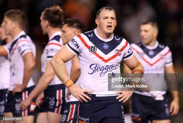 Josh Morris of the Roosters looks on after the Panthers scored a try during the round 15 NRL match between the Penrith Panthers and the Sydney...