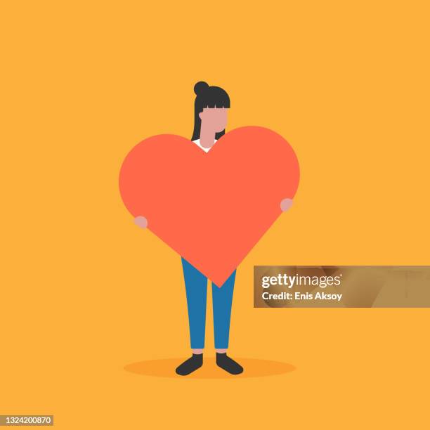 woman holding huge heart - enlarged heart stock illustrations