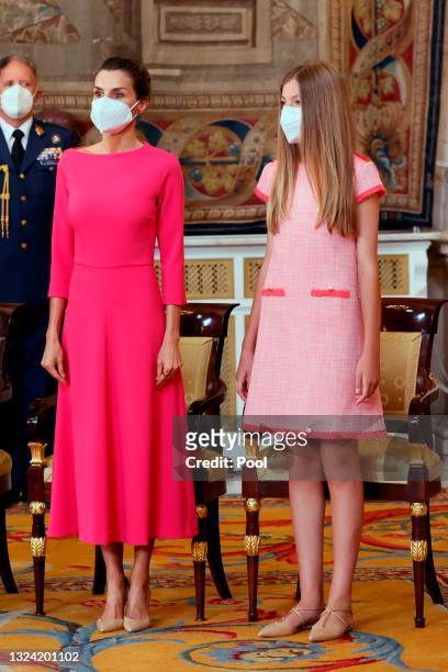 Queen Letizia of Spain and Princess Sofia attend the "Order of the Civil Merit" ceremony at the Royal Palace on June 18, 2021 in Madrid, Spain.
